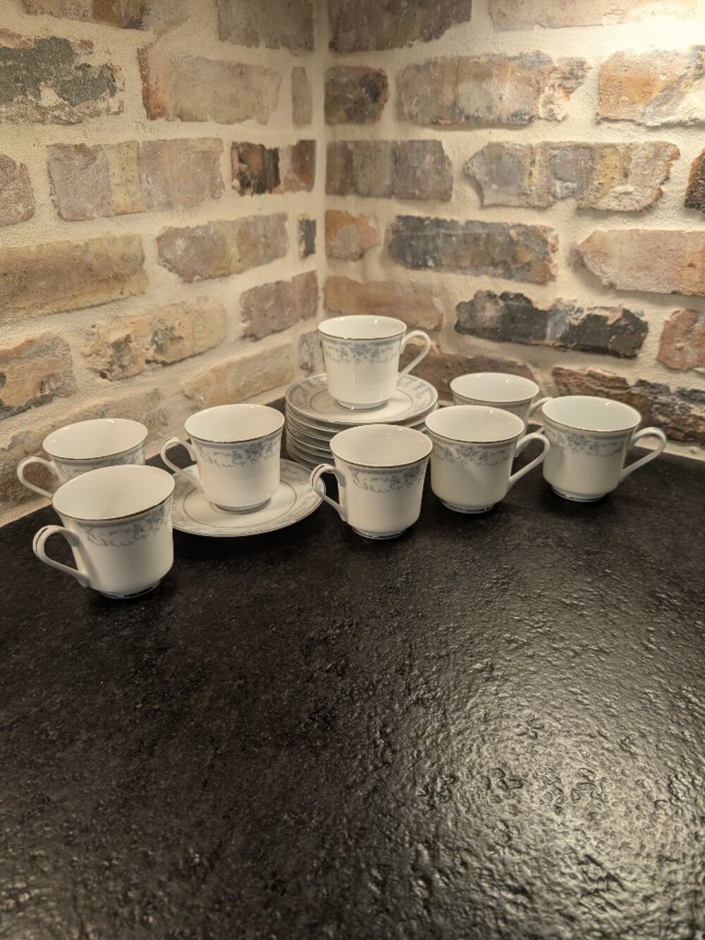 (8) Sets of Blue Whisper by Sheffield Coffee Cups Saucers Made in Japan